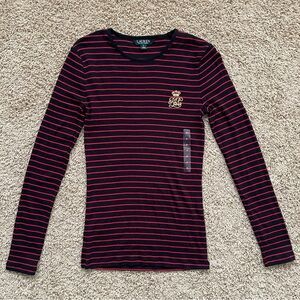 Lauren Ralph Lauren Shirt S Red Black Striped Womens Logo Long Sleeve Shirt